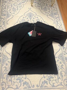 MCM X Snipes Black Short Sleeve Tee with Pink Chest Logo